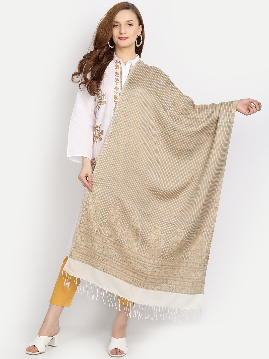 

HK colours of fashion Women Beige & Off-White Self Striped Woolen Shawl