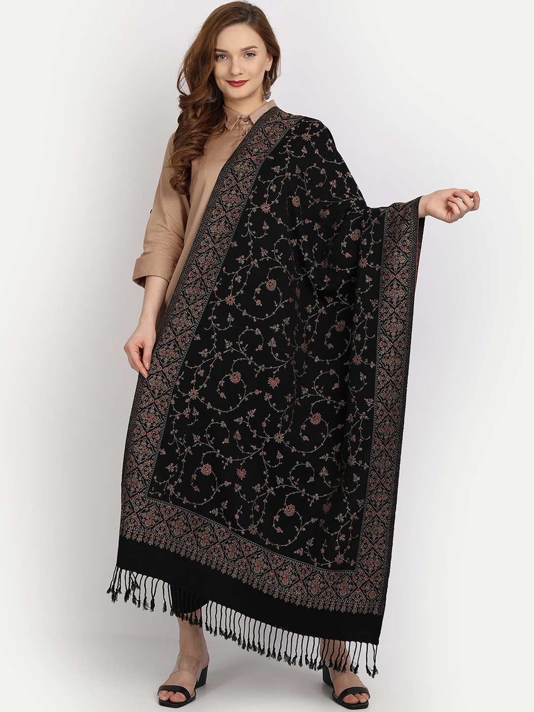 

HK colours of fashion Women Black & Red Embroidered Woolen Shawl