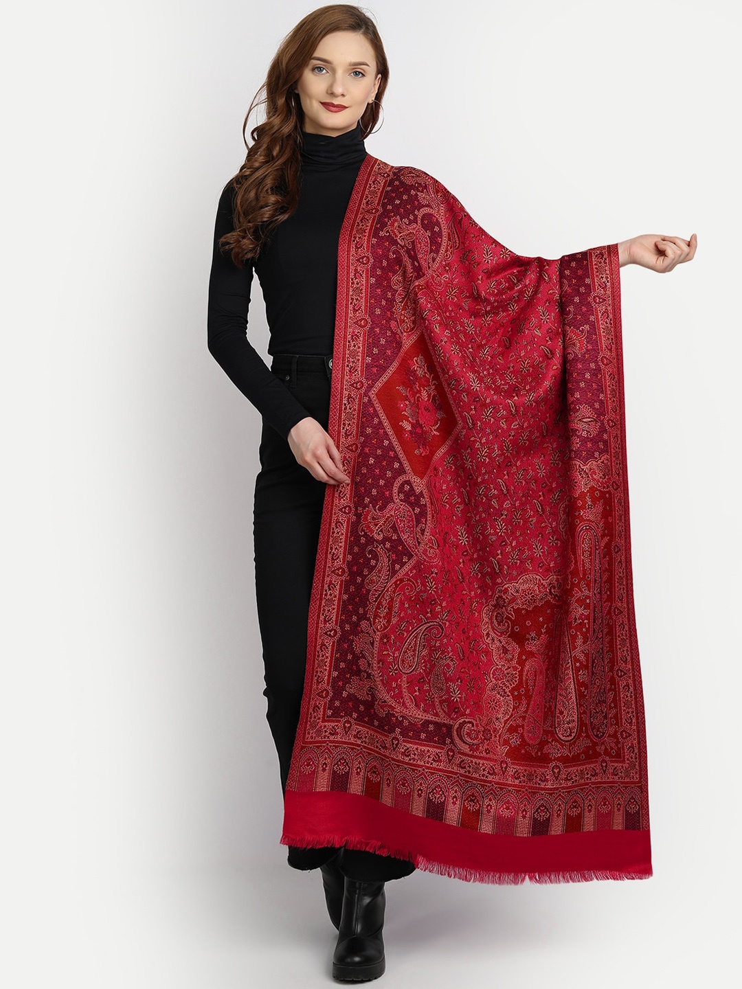 

HK colours of fashion Women Red Paisley Embroidered Shawl