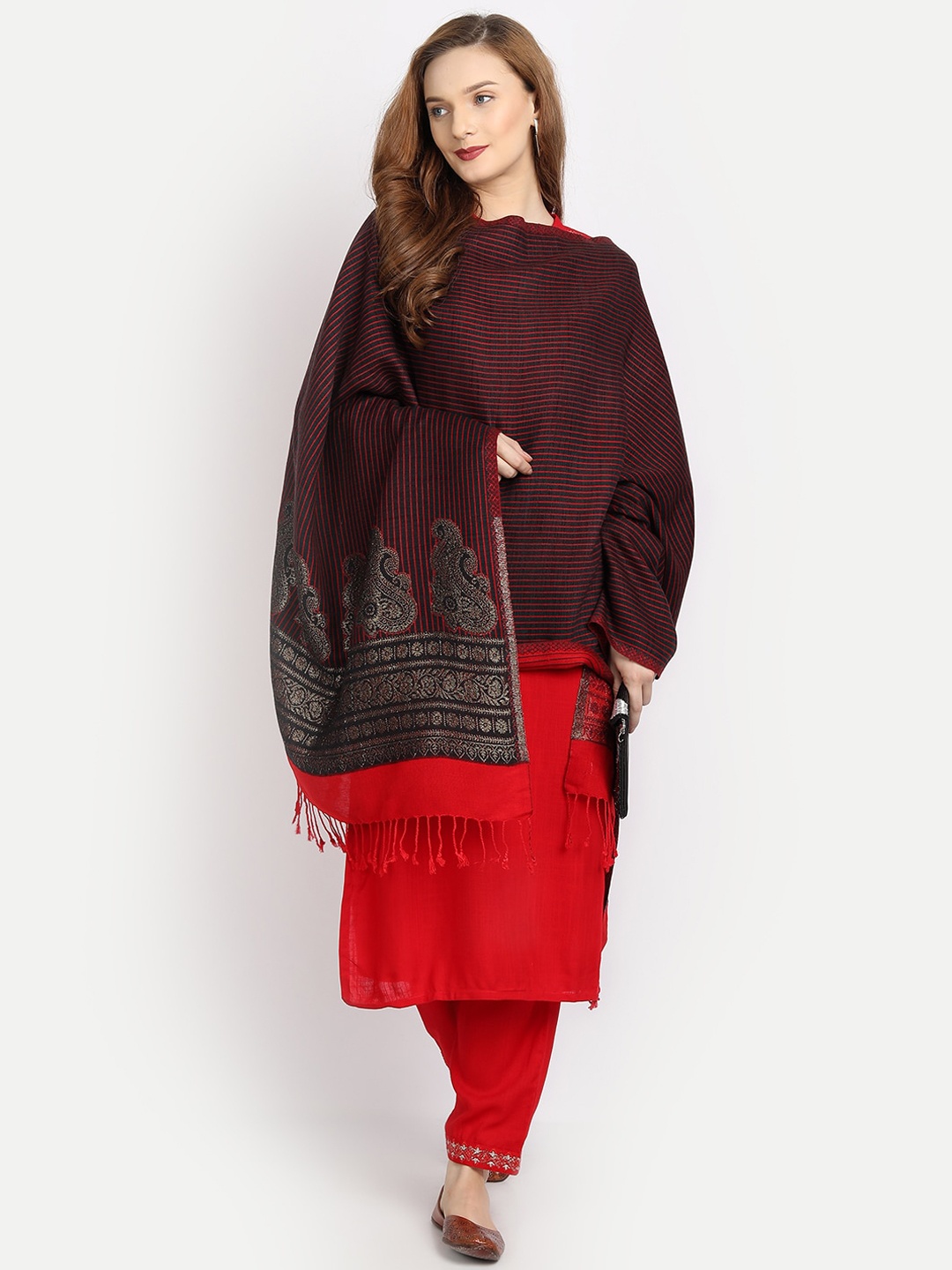 

HK colours of fashion Women Black & Red Striped Woolen Shawl