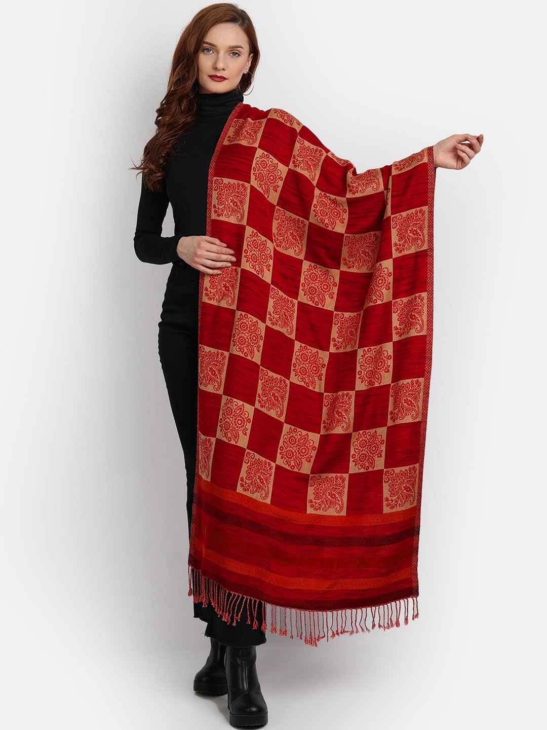 

HK colours of fashion Women Red & Beige Woven-Design Reversible Shawl