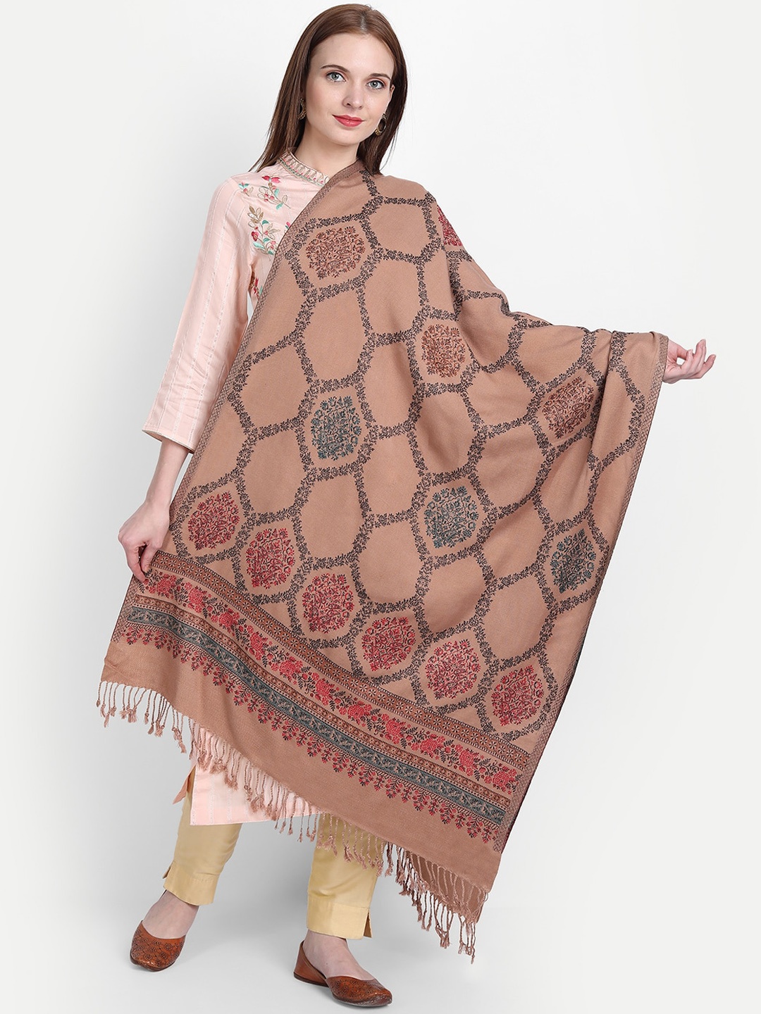

HK colours of fashion Women Camel-Brown & Black Woven-Design Woollen Shawl