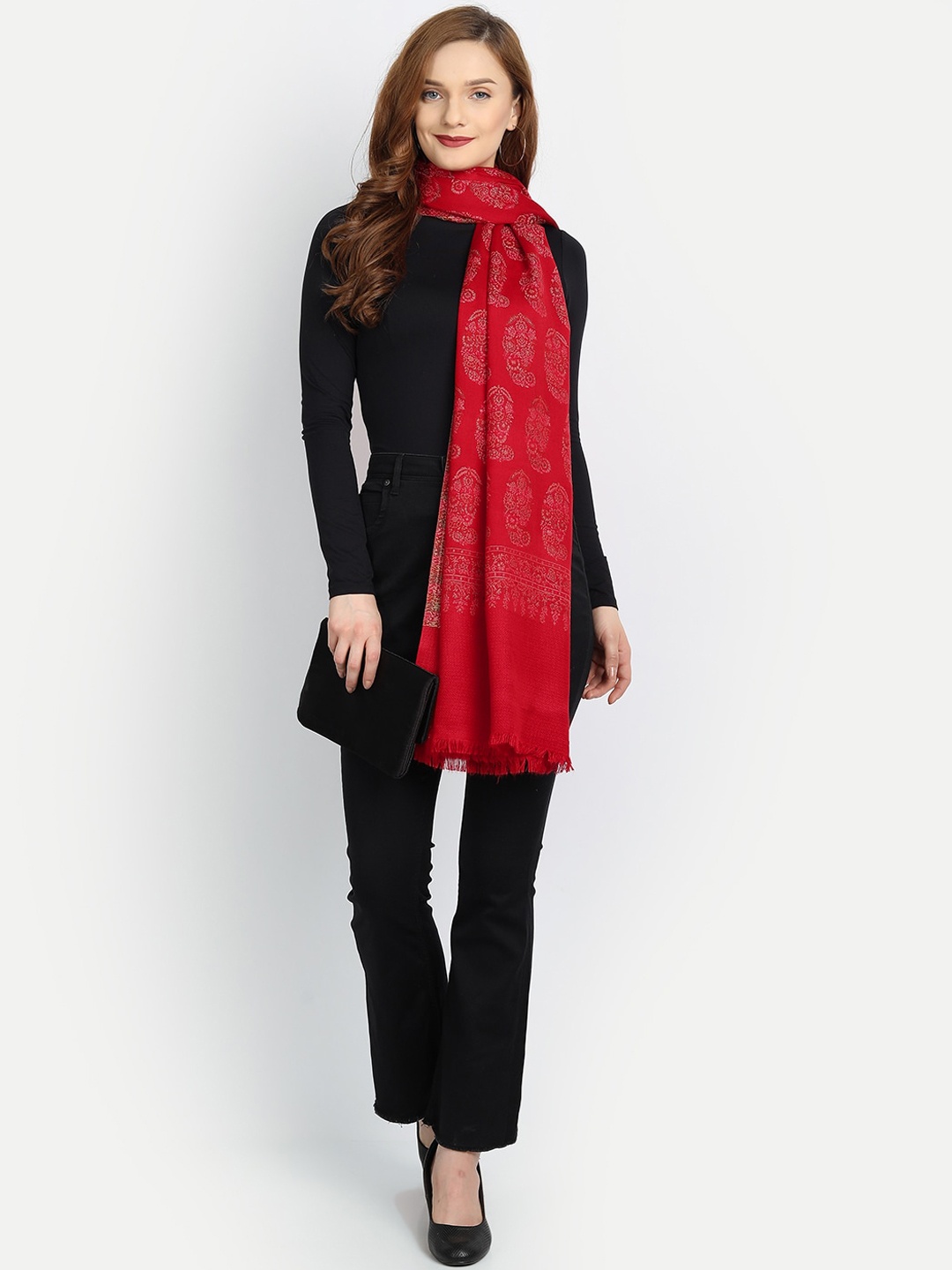 

HK colours of fashion Women Red & Beige Ethnic Motif Woven-Design Shawl