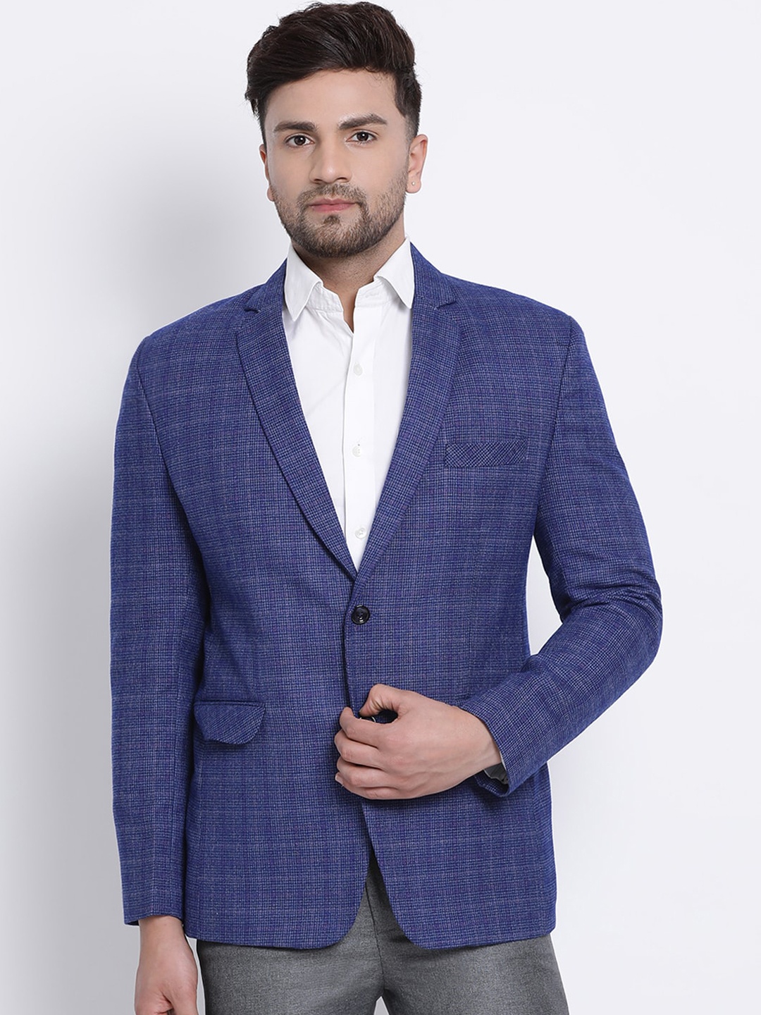 

PLATINUM Studio Men Blue Checked Slim-Fit Blazer