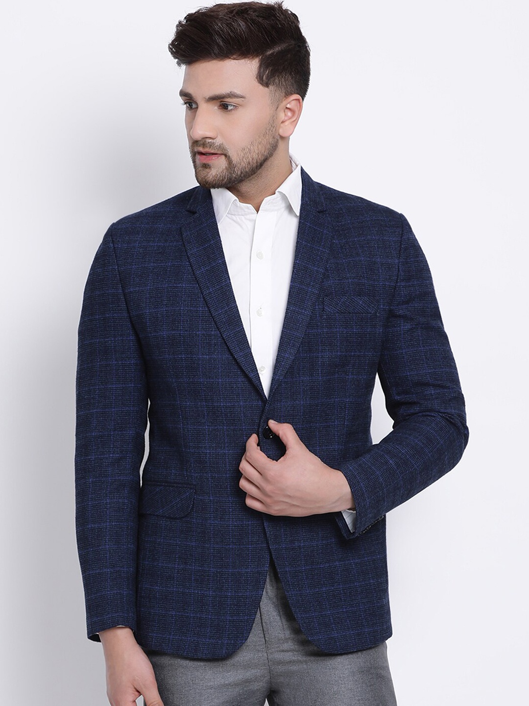 

PLATINUM Studio Men Blue Checked Single-Breasted Slim-Fit Formal Blazer