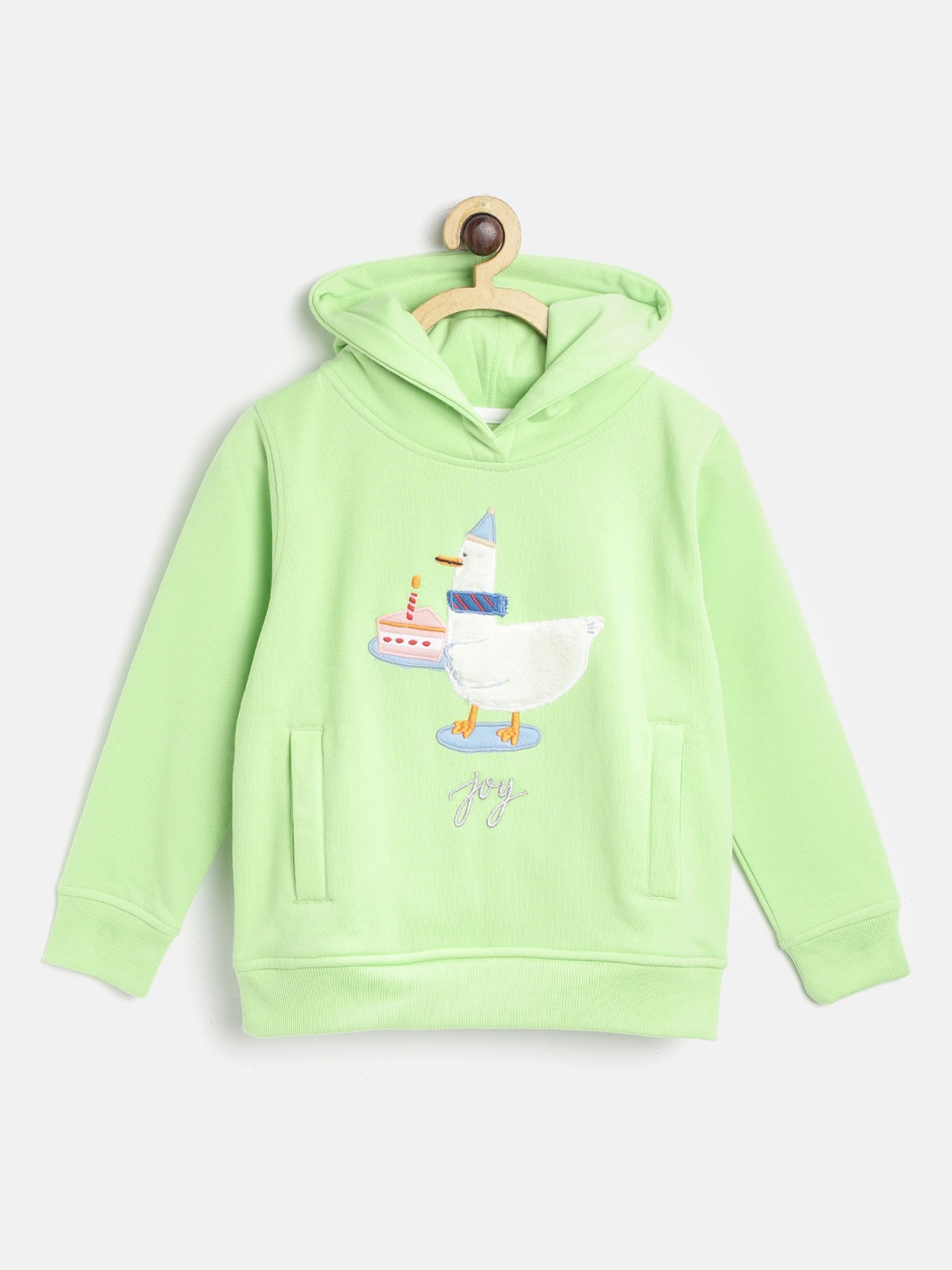 

Cherry Crumble Unisex Kids Green Applique Hooded Sweatshirt