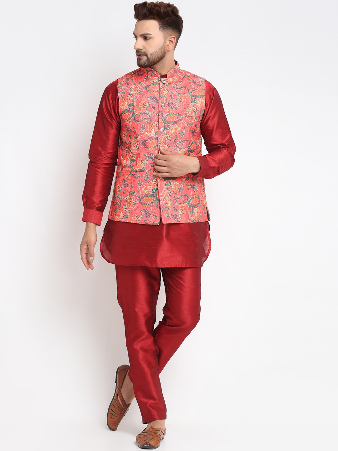 

Benstoke Men Red Dupion Silk Kurta & Pyjamas with Nehru Jacket