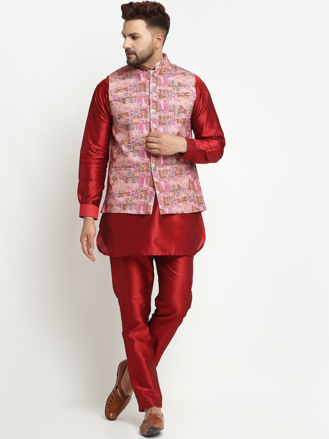 

Benstoke Men Maroon Layered Dupion Silk Kurta with Pyjamas