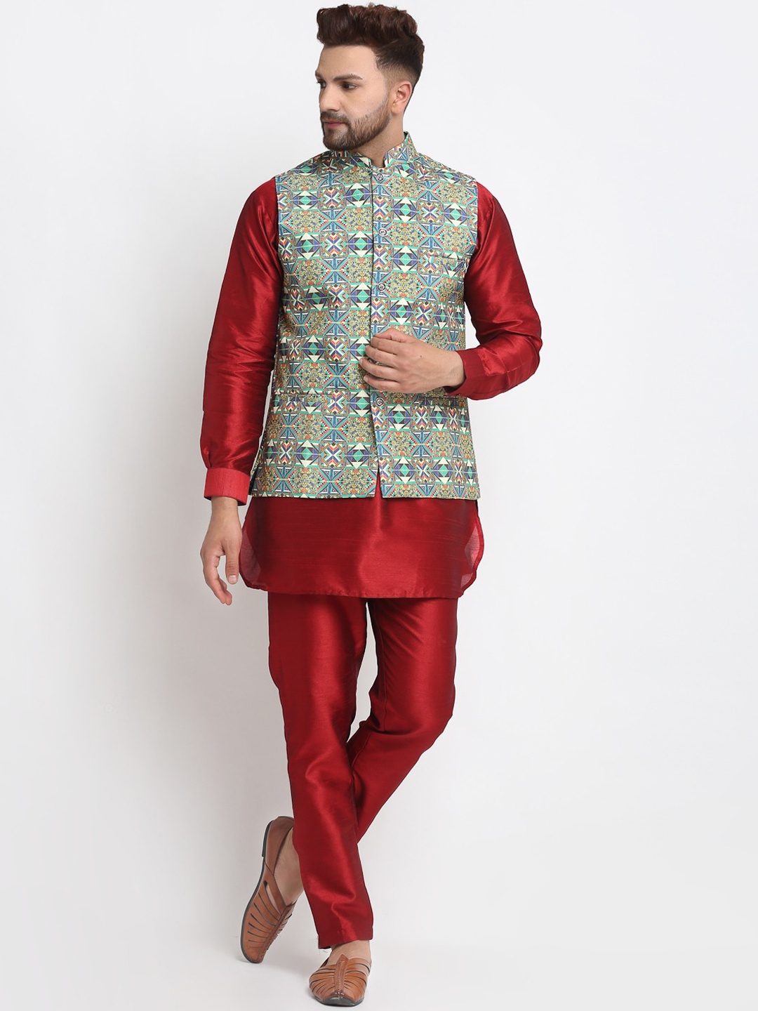 

Benstoke Men Maroon Layered Dupion Silk Kurta with Pyjamas