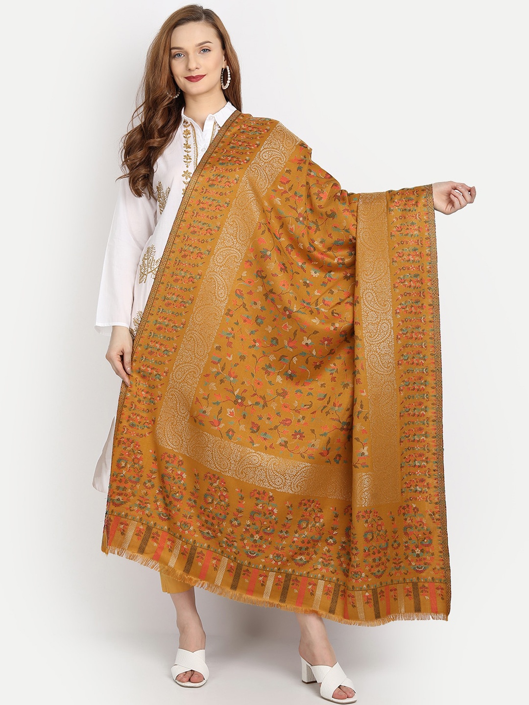 

HK colours of fashion Women Mustard Floral Woven-Design Shawl
