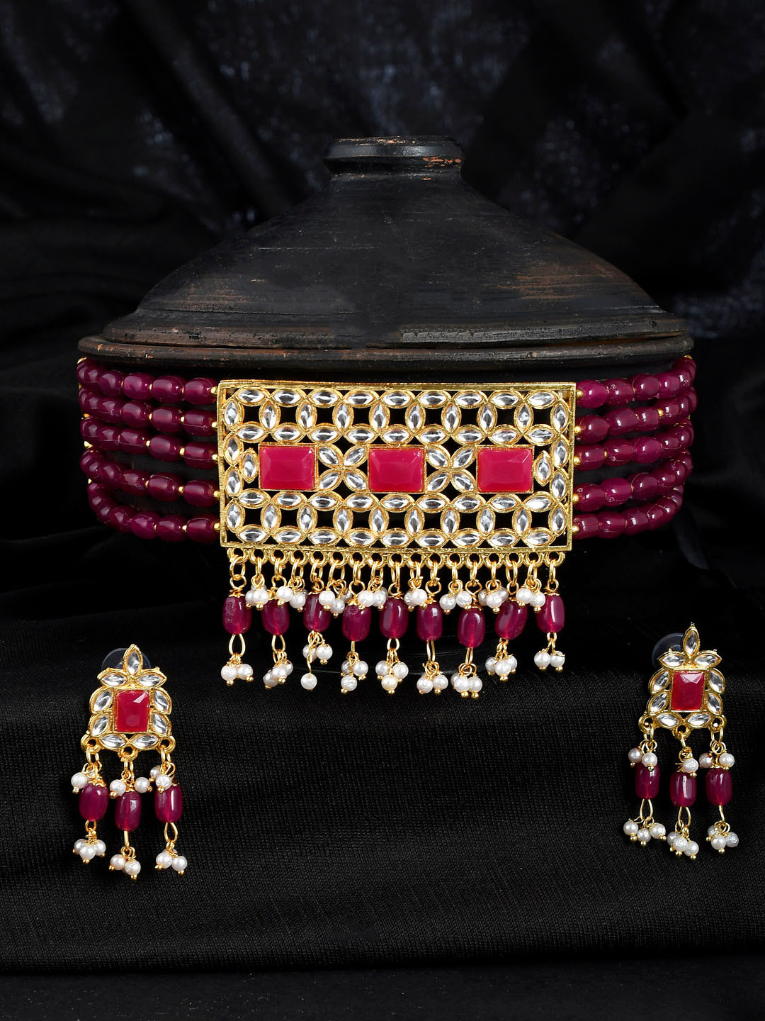

Silvermerc Designs Gold-Plated Red & White Stone-Studded & Beaded Tasselled Jewellery Set