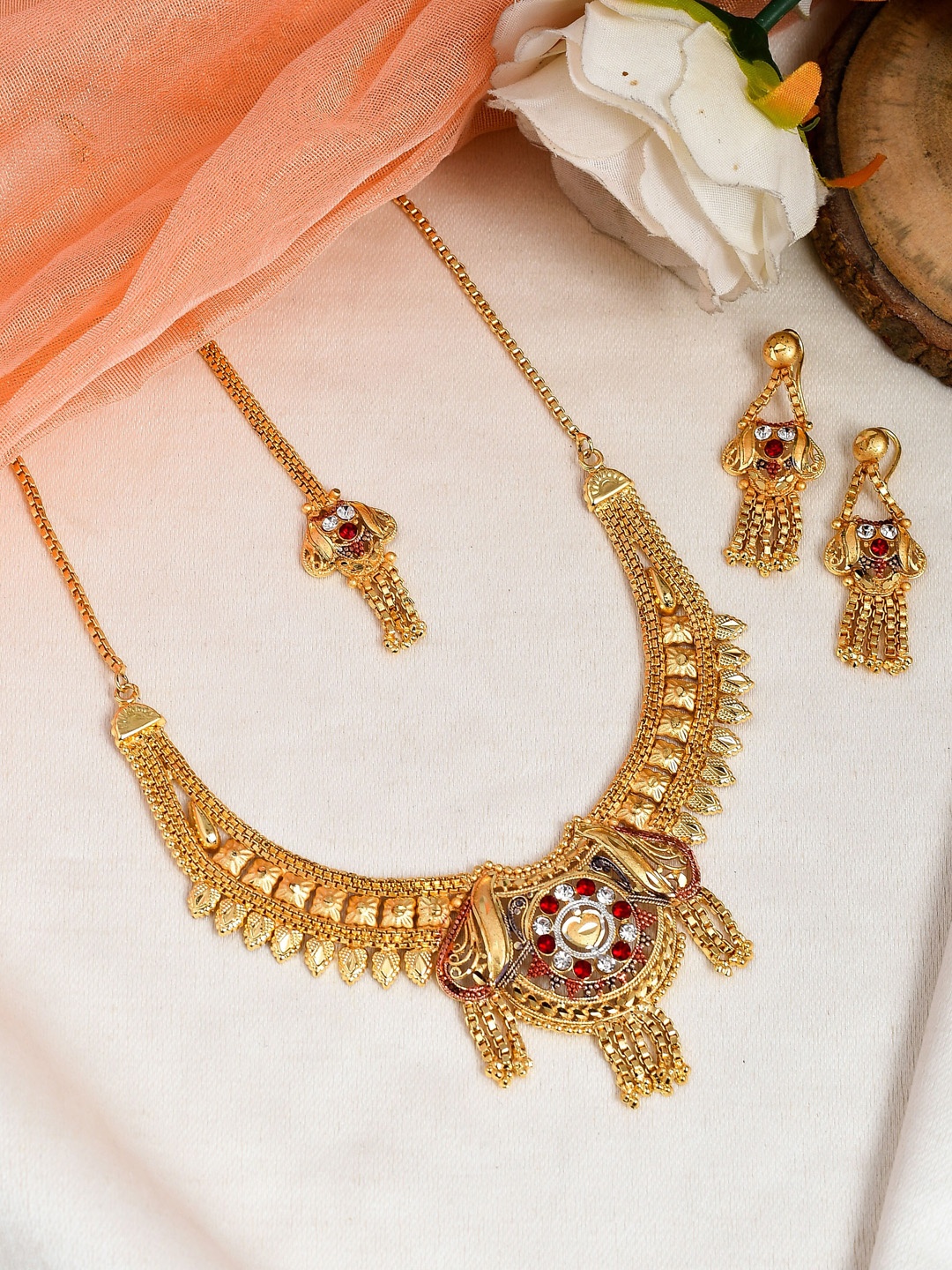 

Silvermerc Designs Women Gold-Plated Red & White Stone-Studded Temple Jewellery Set