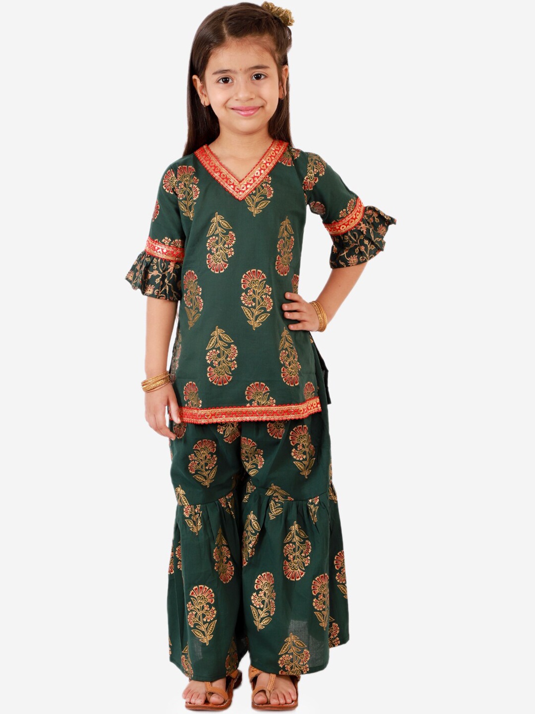 

KID1 Girls Green Ethnic Motifs Printed Pure Cotton Kurti with Palazzos