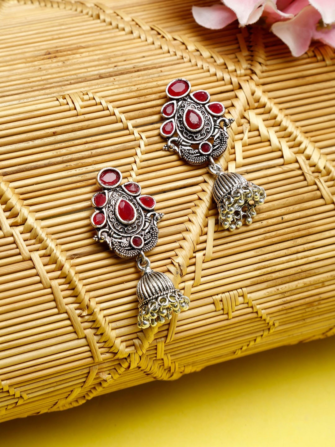 

NEUDIS Silver-Toned and Red Oxidised Contemporary Drop Earrings