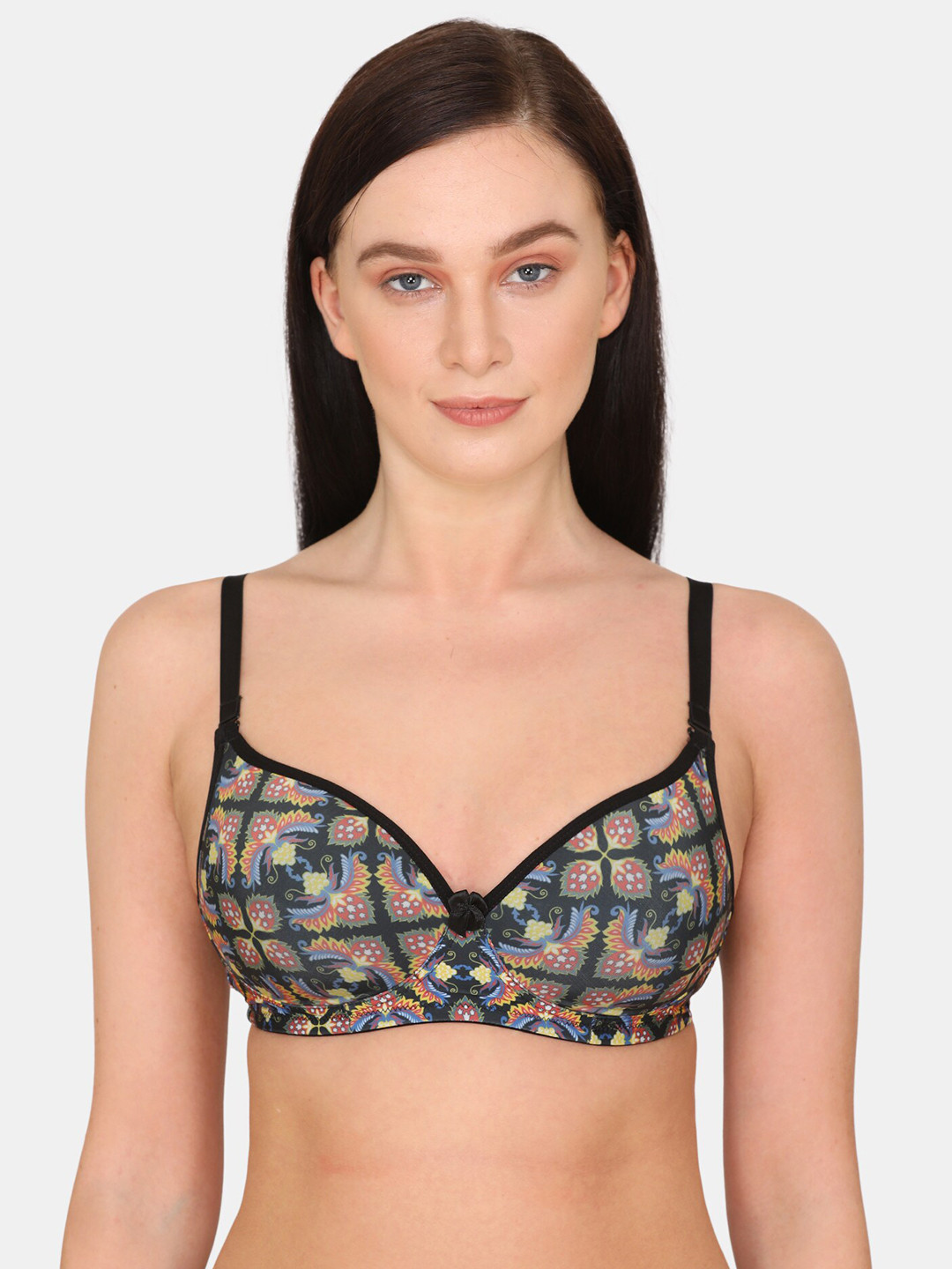 

Rosaline by Zivame Black & Orange Floral T-shirt Bra Half Coverage Lightly Padded RO1066FASHCORNG