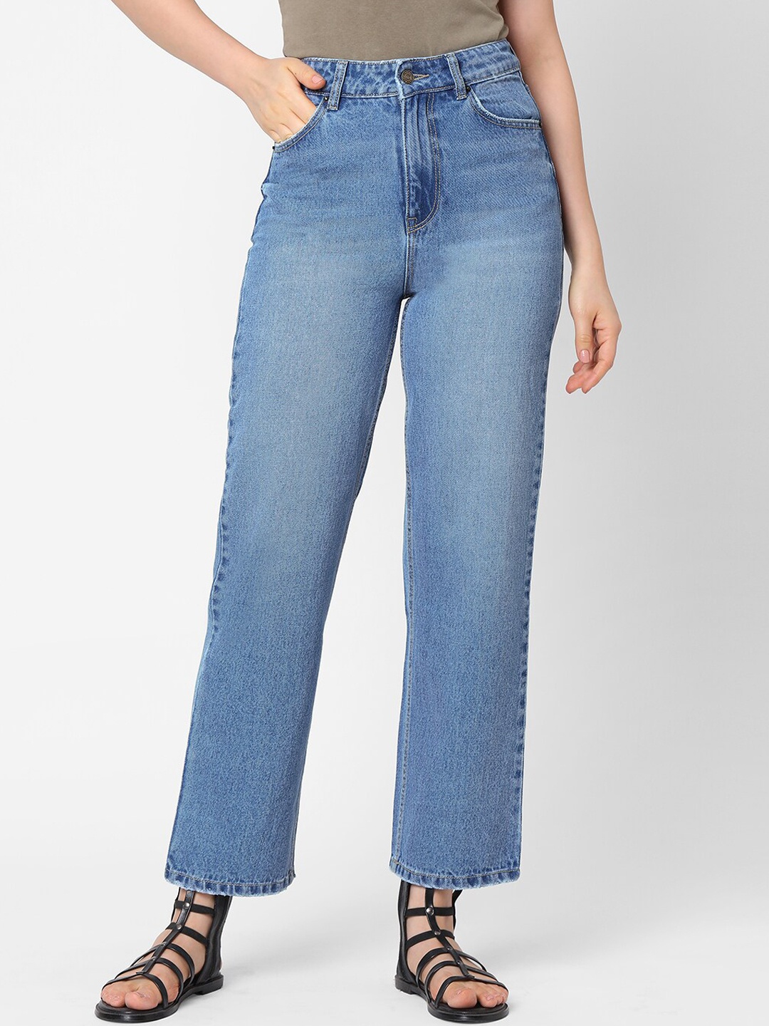 

TARAMA Women Blue Straight Fit High-Rise Light Fade Jeans