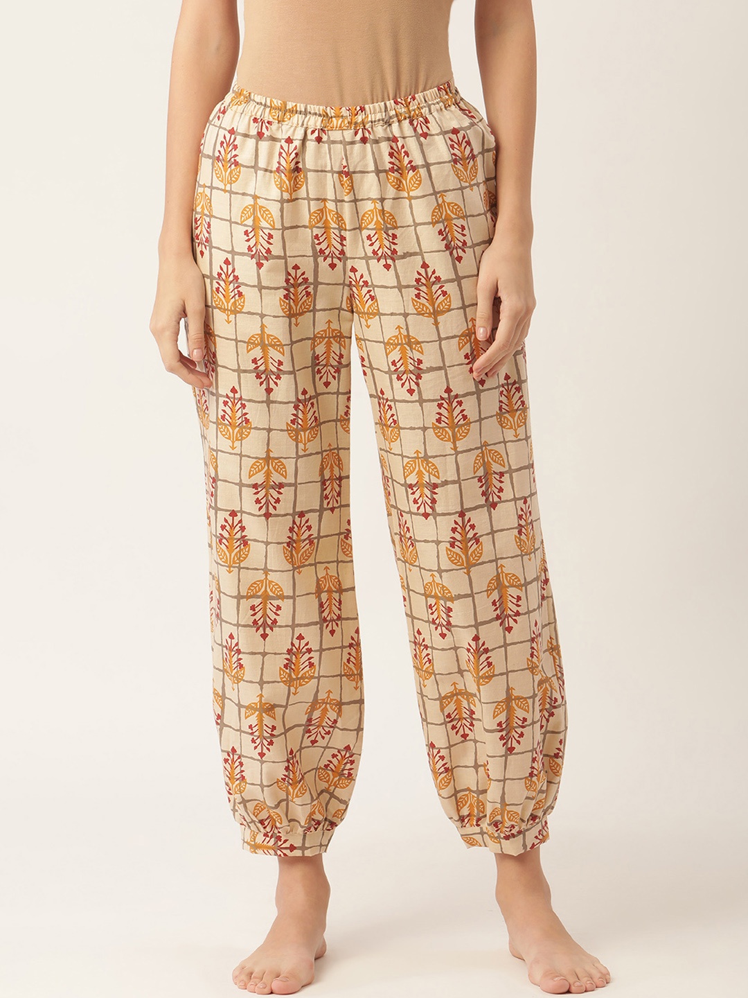 

pinwheel Women Beige & Maroon Pure Cotton Printed Jogger Style Lounge Pants