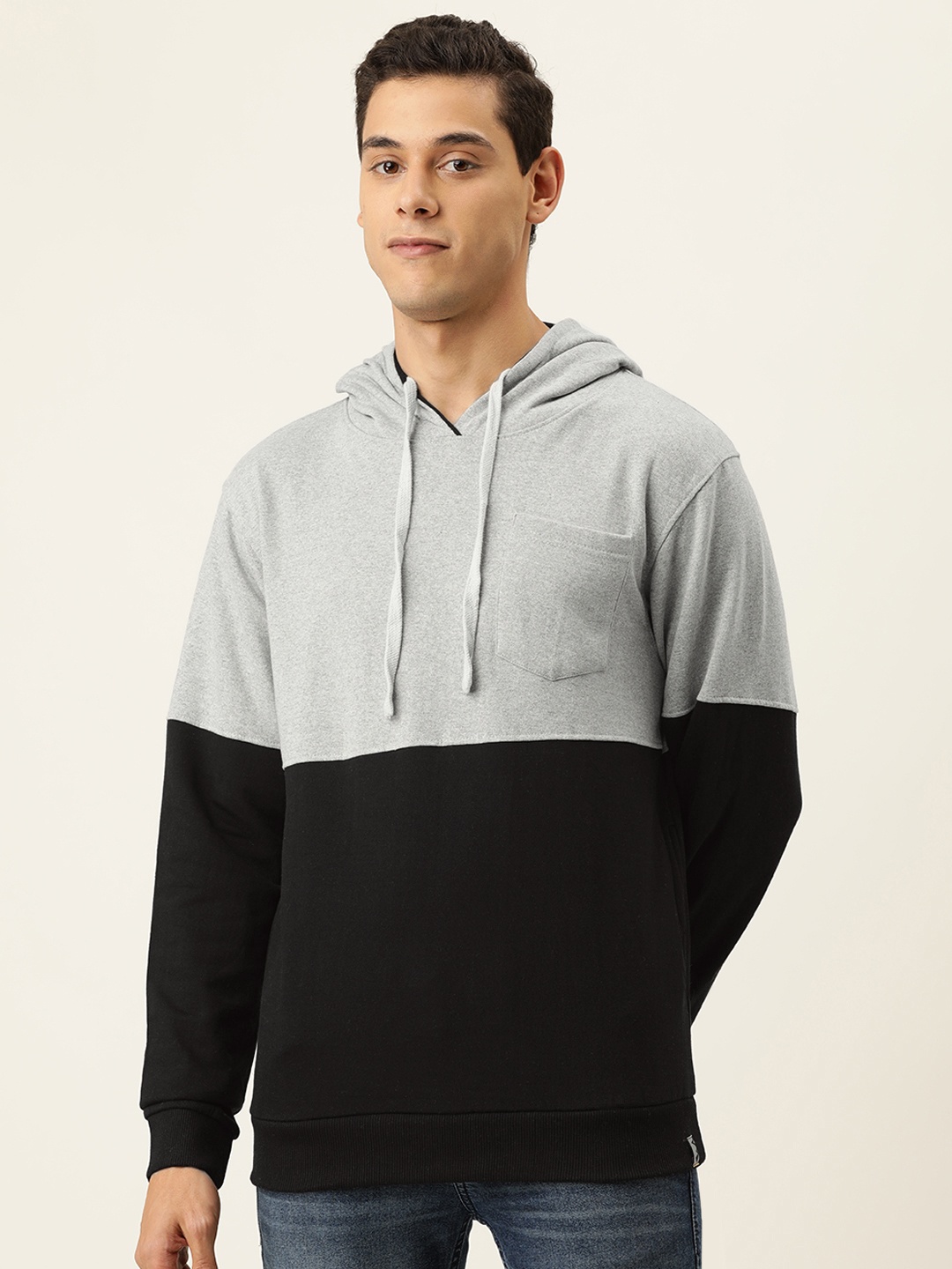 

Campus Sutra Men Grey & Black Colourblocked Hooded Sweatshirt