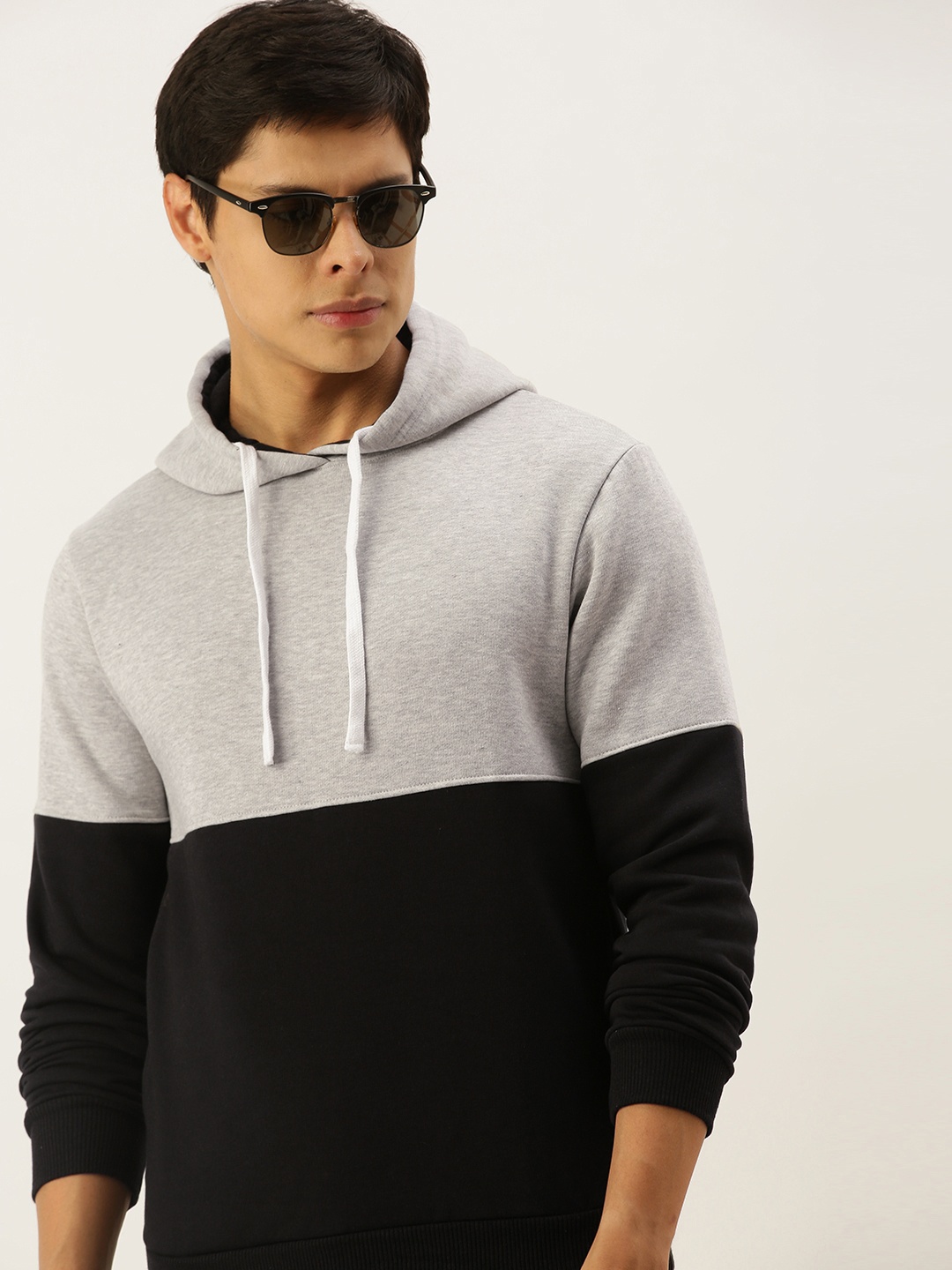 

Campus Sutra Men Black & Grey Colourblocked Hooded Sweatshirt