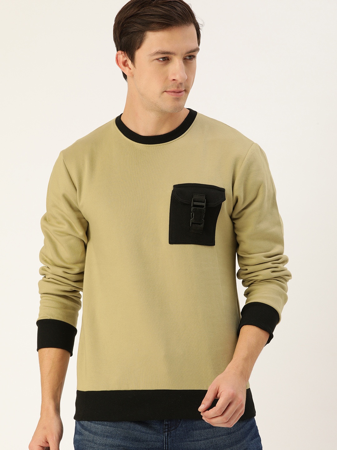 

Campus Sutra Men Beige Chest Pocket Contrast Sleeves Sweatshirt