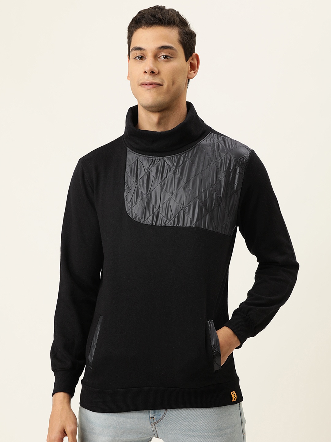 

Campus Sutra Men Black High Neck Patchwork Sweatshirt