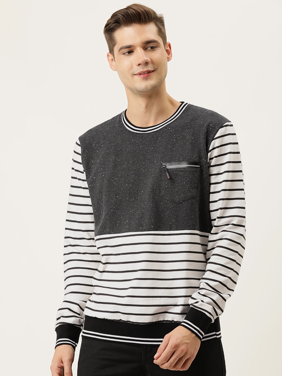 

Campus Sutra Men White & Black Striped Sweatshirt