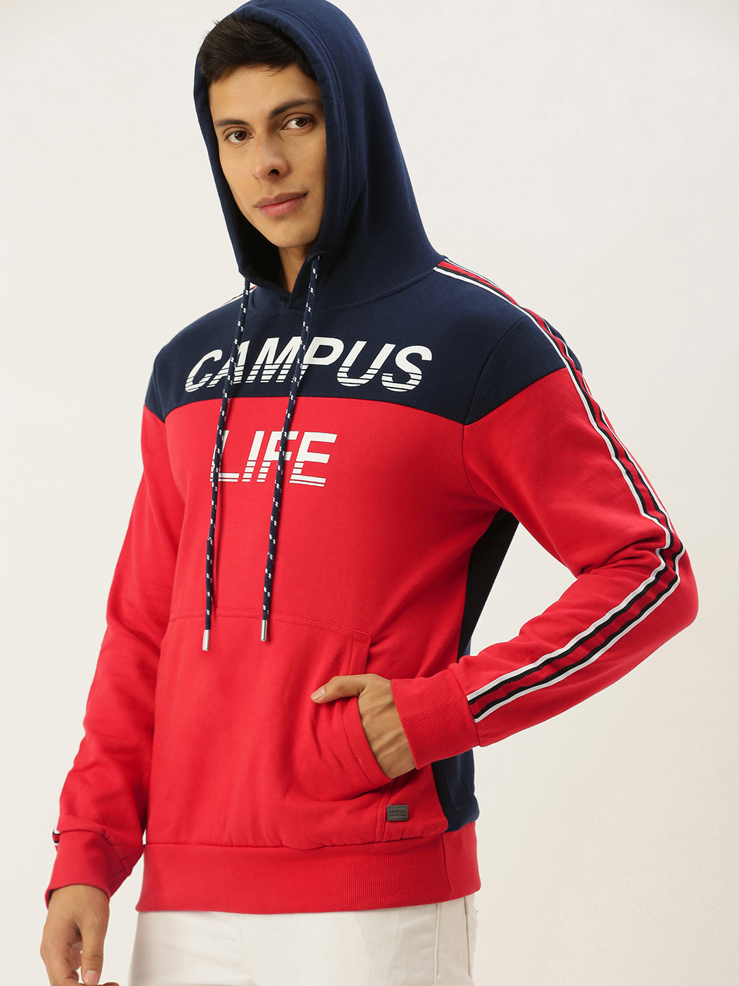 

Campus Sutra Men Red & Navy Blue Colourblocked Hooded Sweatshirt with Printed Detail