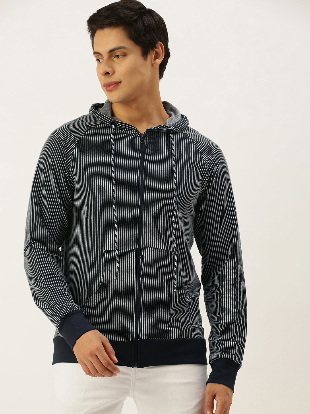 

Campus Sutra Men Blue & White Striped Pure Cotton Hooded Sweatshirt