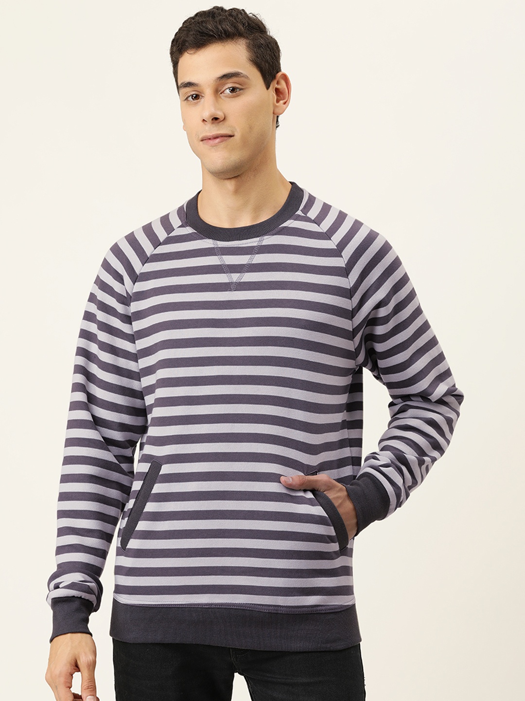 

Campus Sutra Men Grey & White Striped Sweatshirt