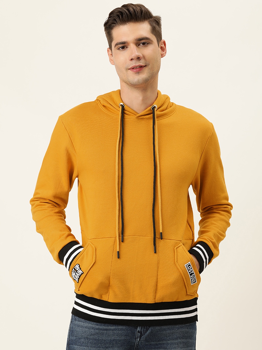 

Campus Sutra Men Mustard Yellow Hooded Pullover Sweatshirt