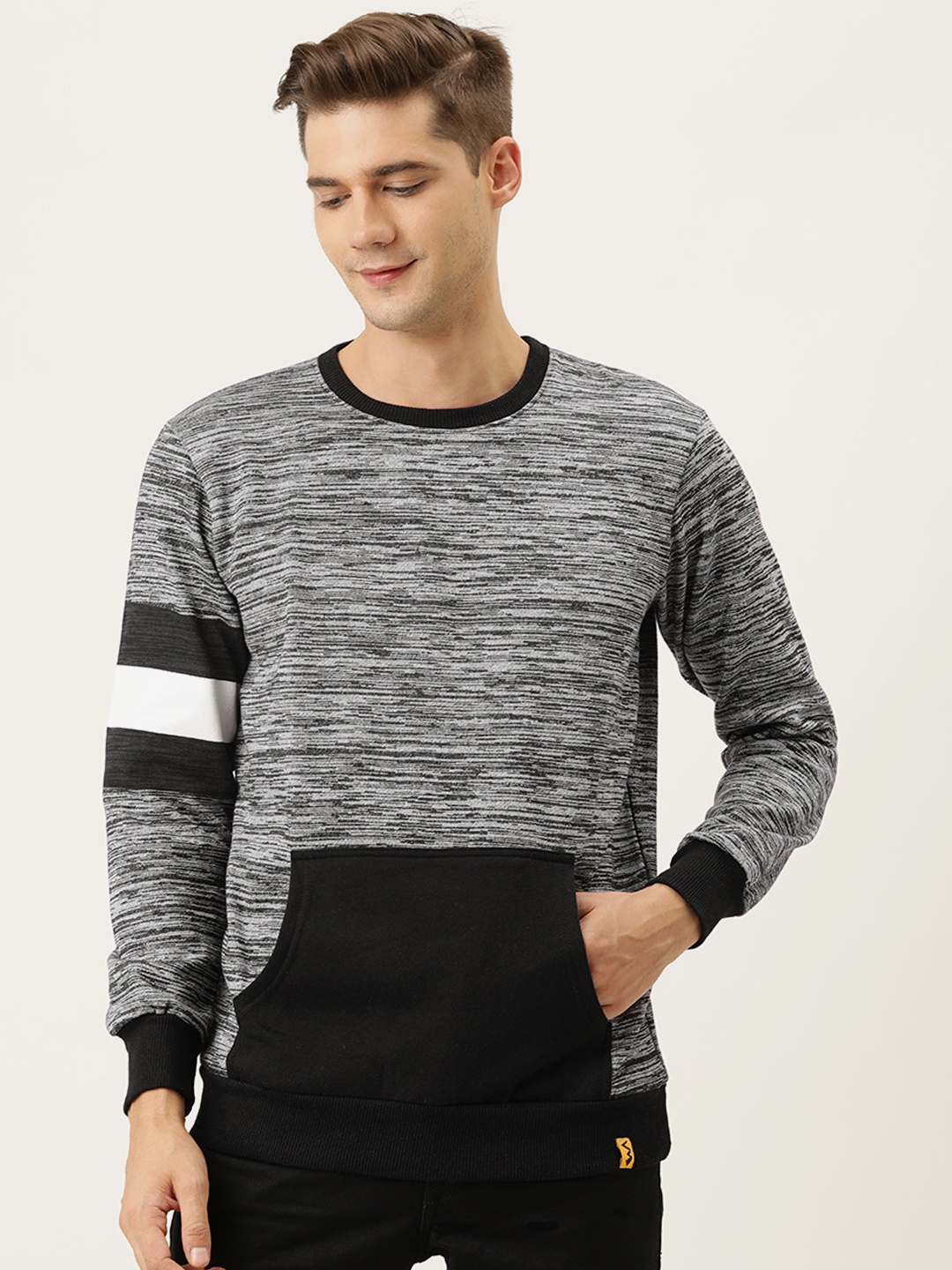 

Campus Sutra Men Grey & Black Striped Sweatshirt