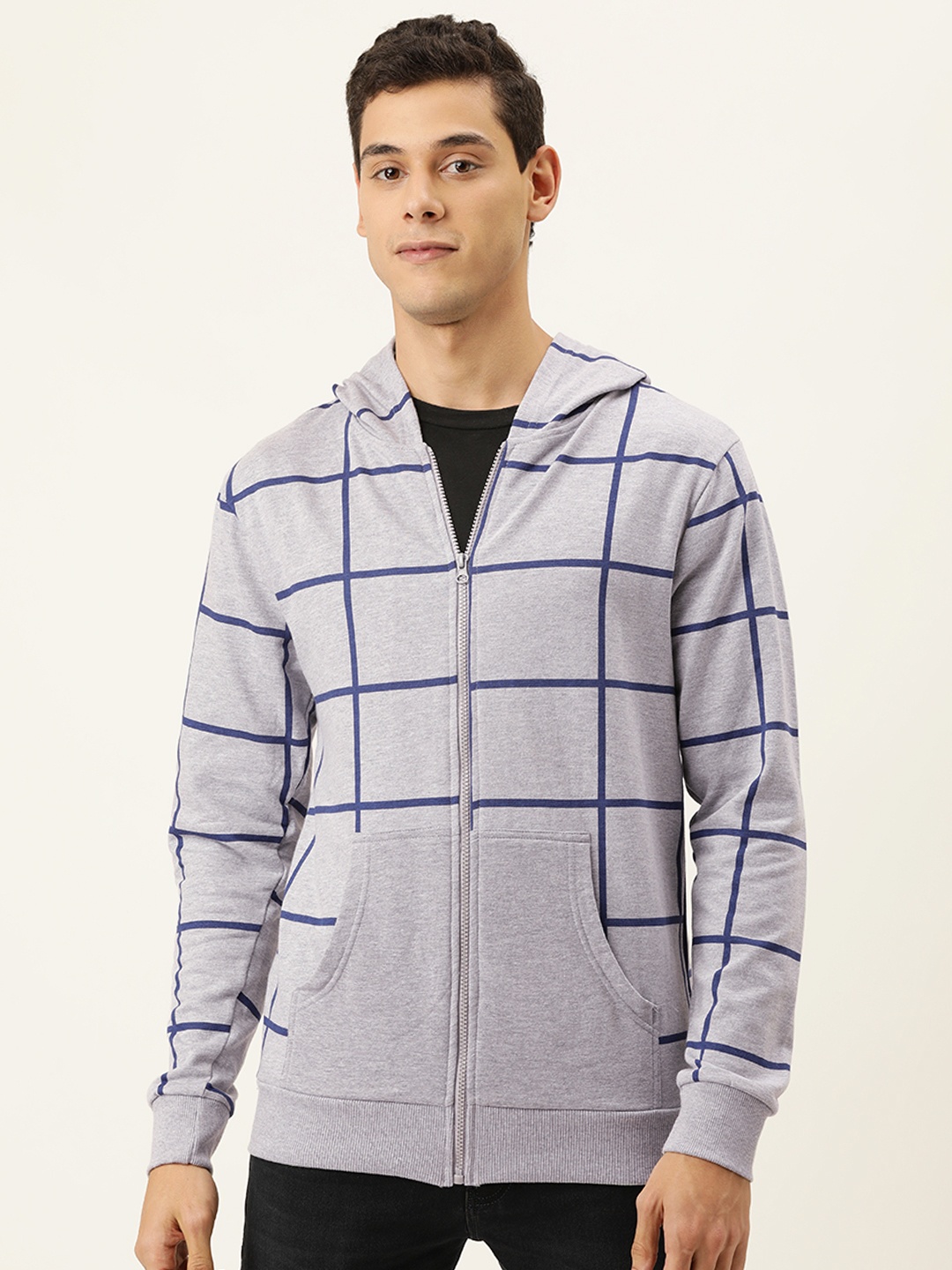

Campus Sutra Men Grey & Blue Checked Hooded Sweatshirt