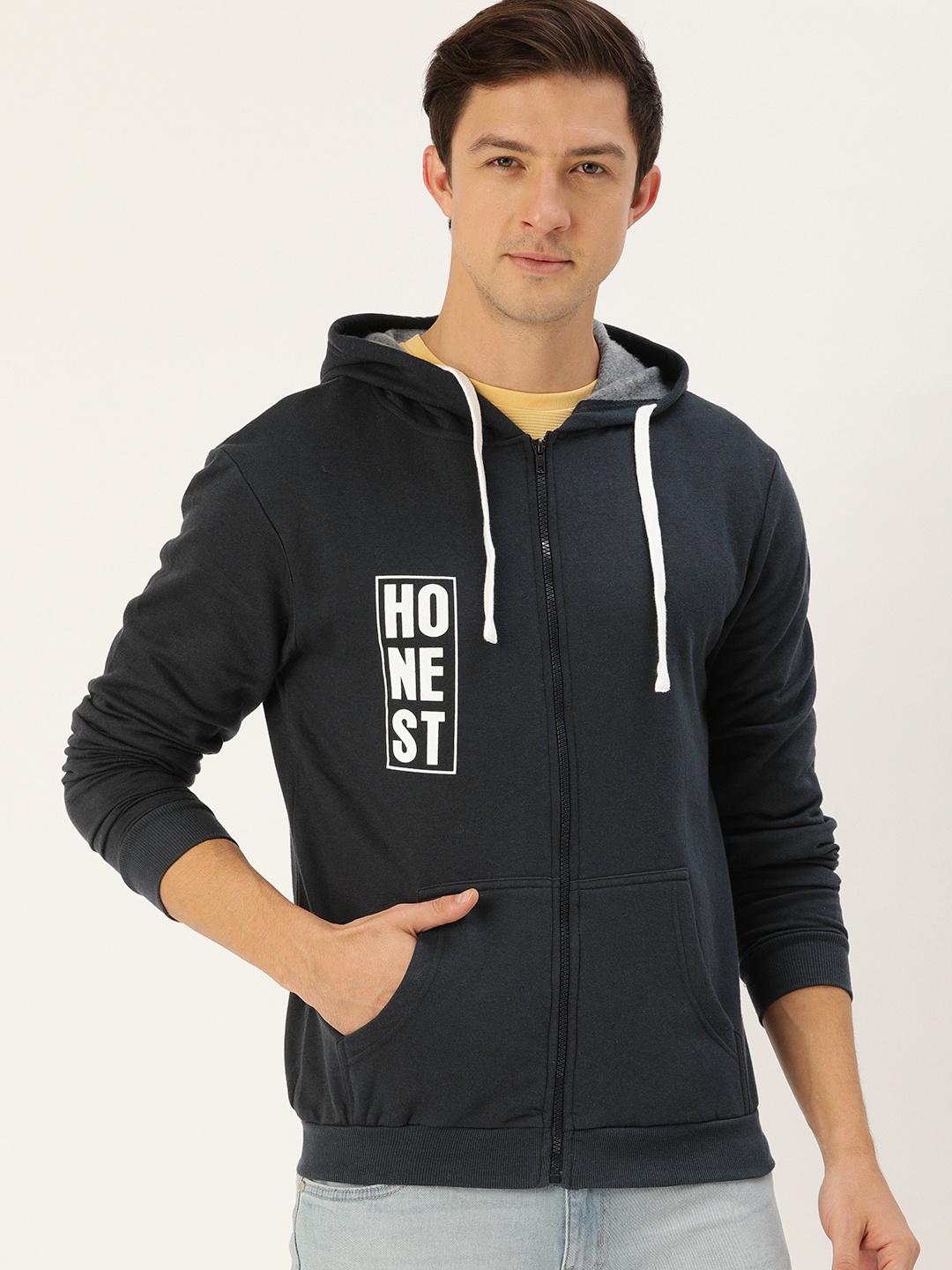 

Campus Sutra Men Navy Blue Printed Hooded Sweatshirt
