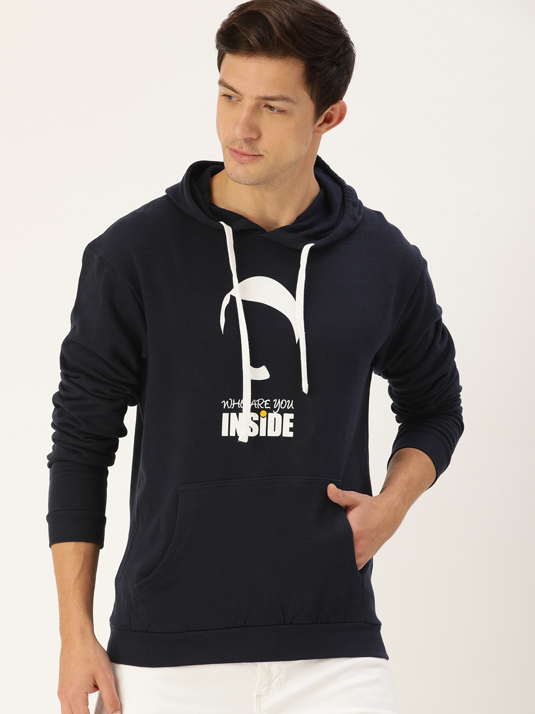 

Campus Sutra Men Navy Blue Printed Hooded Sweatshirt