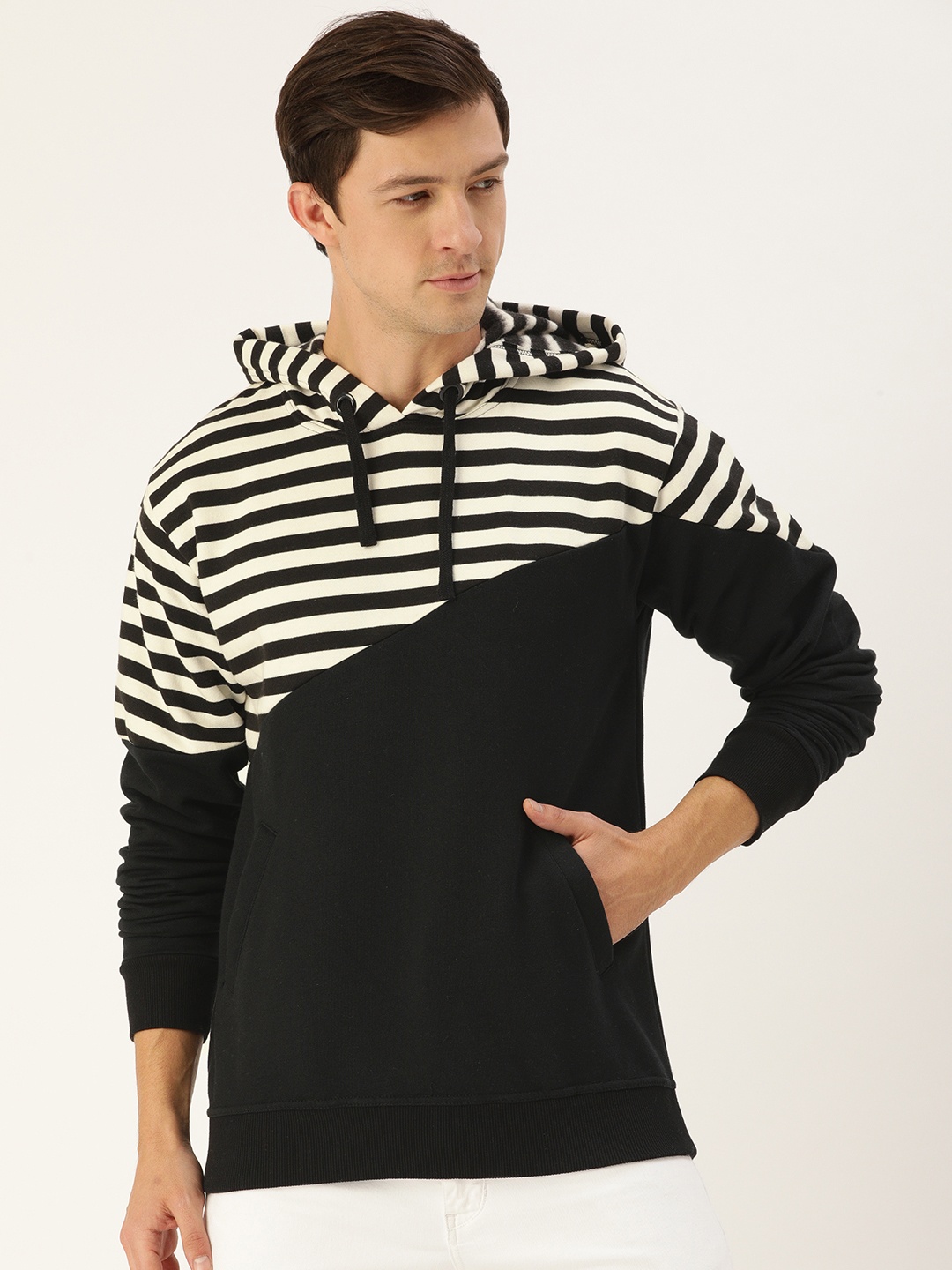 

Campus Sutra Men White & Black Striped Hooded Sweatshirt