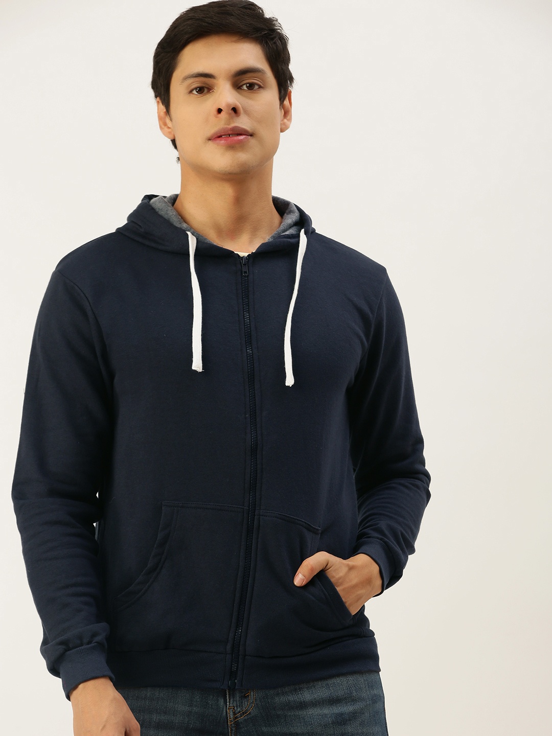 

Campus Sutra Men Navy Blue Pure Cotton Hooded Sweatshirt