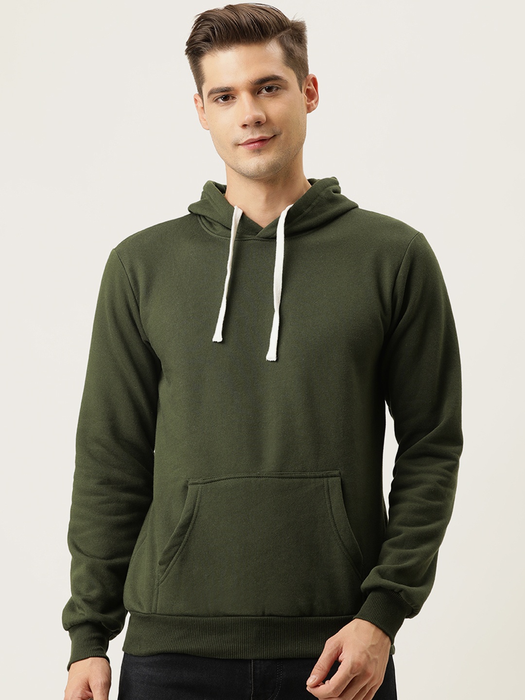 

Campus Sutra Men Olive Green Hooded Pullover Sweatshirt