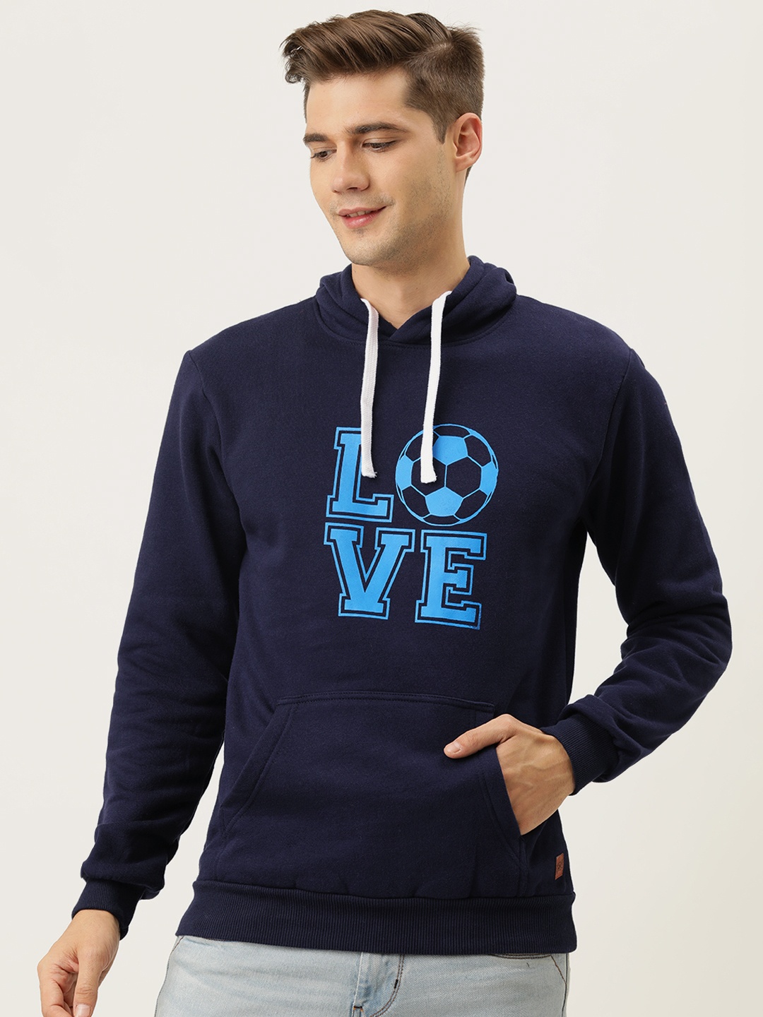 

Campus Sutra Men Navy Blue Printed Hooded Pullover Sweatshirt