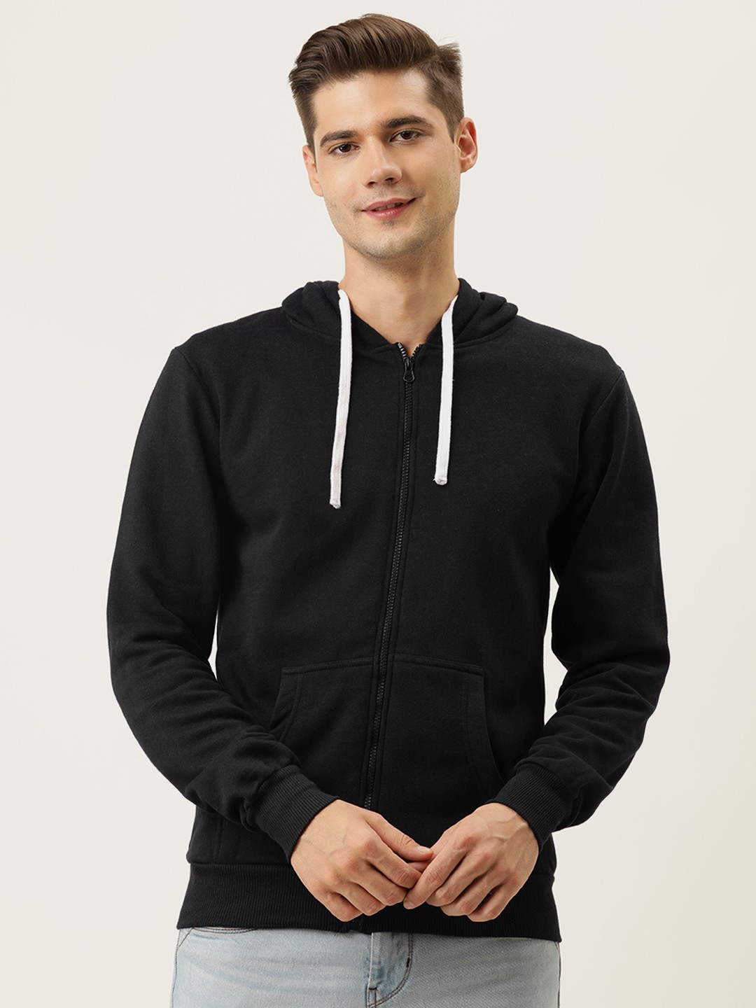 

Campus Sutra Men Black Hooded Front-Open Sweatshirt