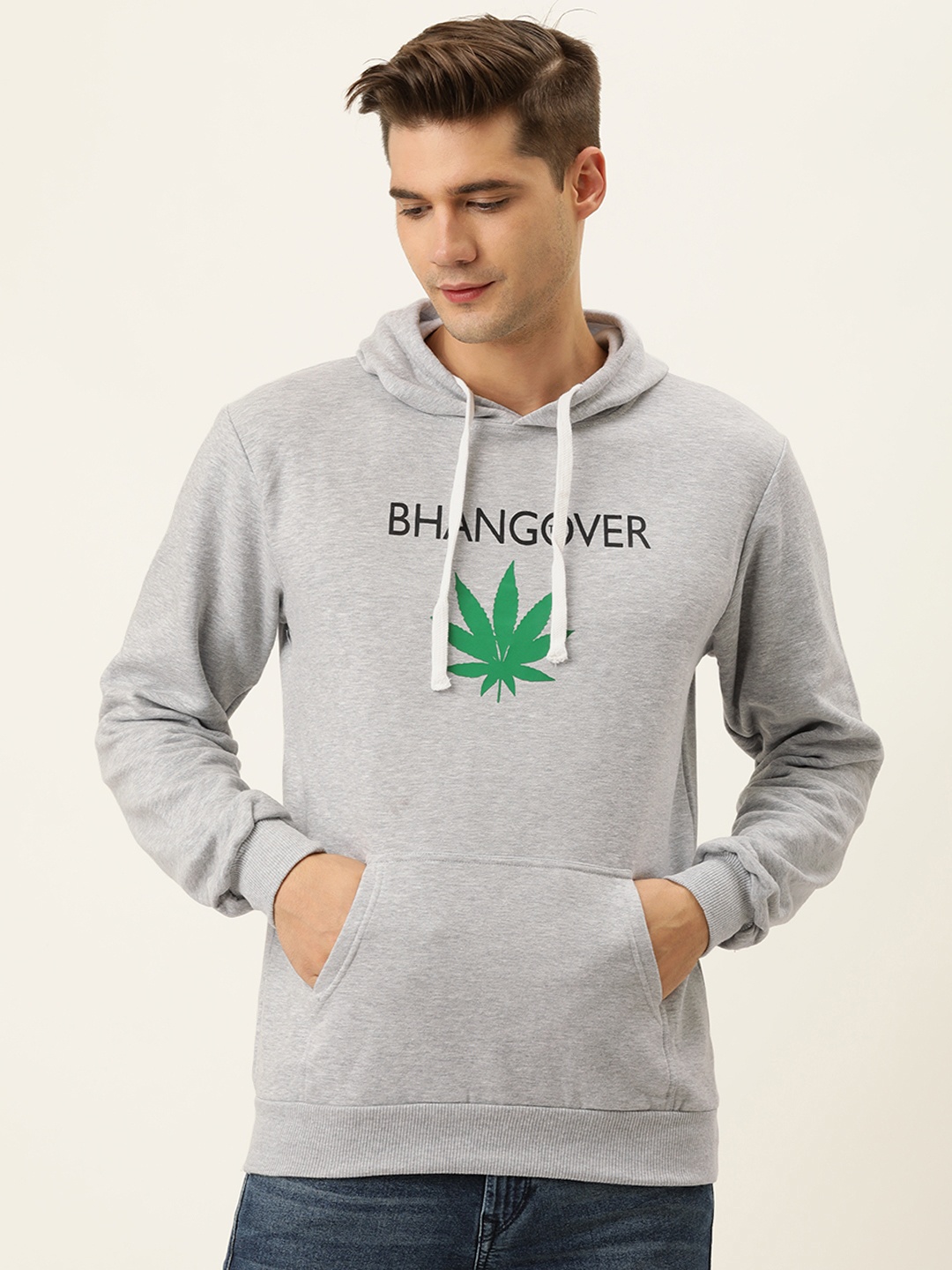 

Campus Sutra Men Grey Melange Printed Hooded Sweatshirt