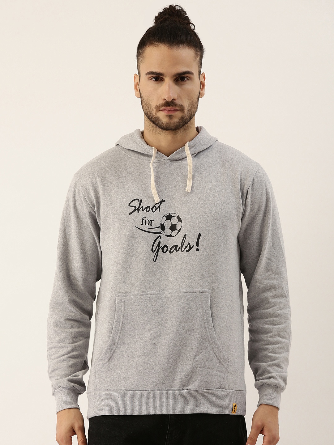 

Campus Sutra Men Grey Melange & Black Pure Cotton Printed Hooded Sweatshirt