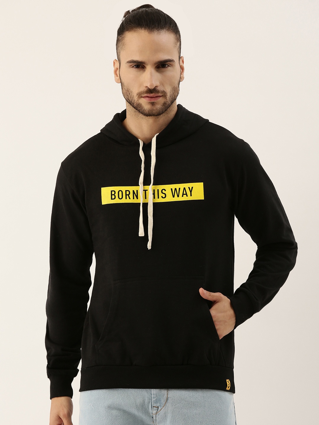 

Campus Sutra Men Black & Yellow Printed Detail Pure Cotton Hooded Sweatshirt