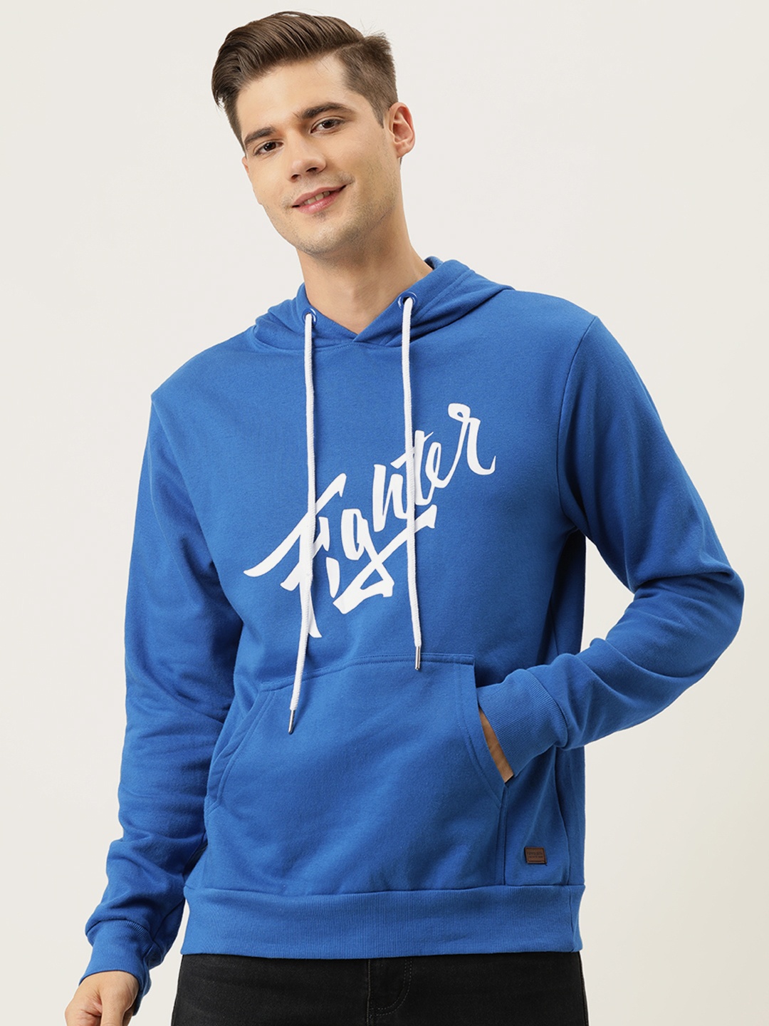 

Campus Sutra Men Blue Printed Hooded Pullover Sweatshirt