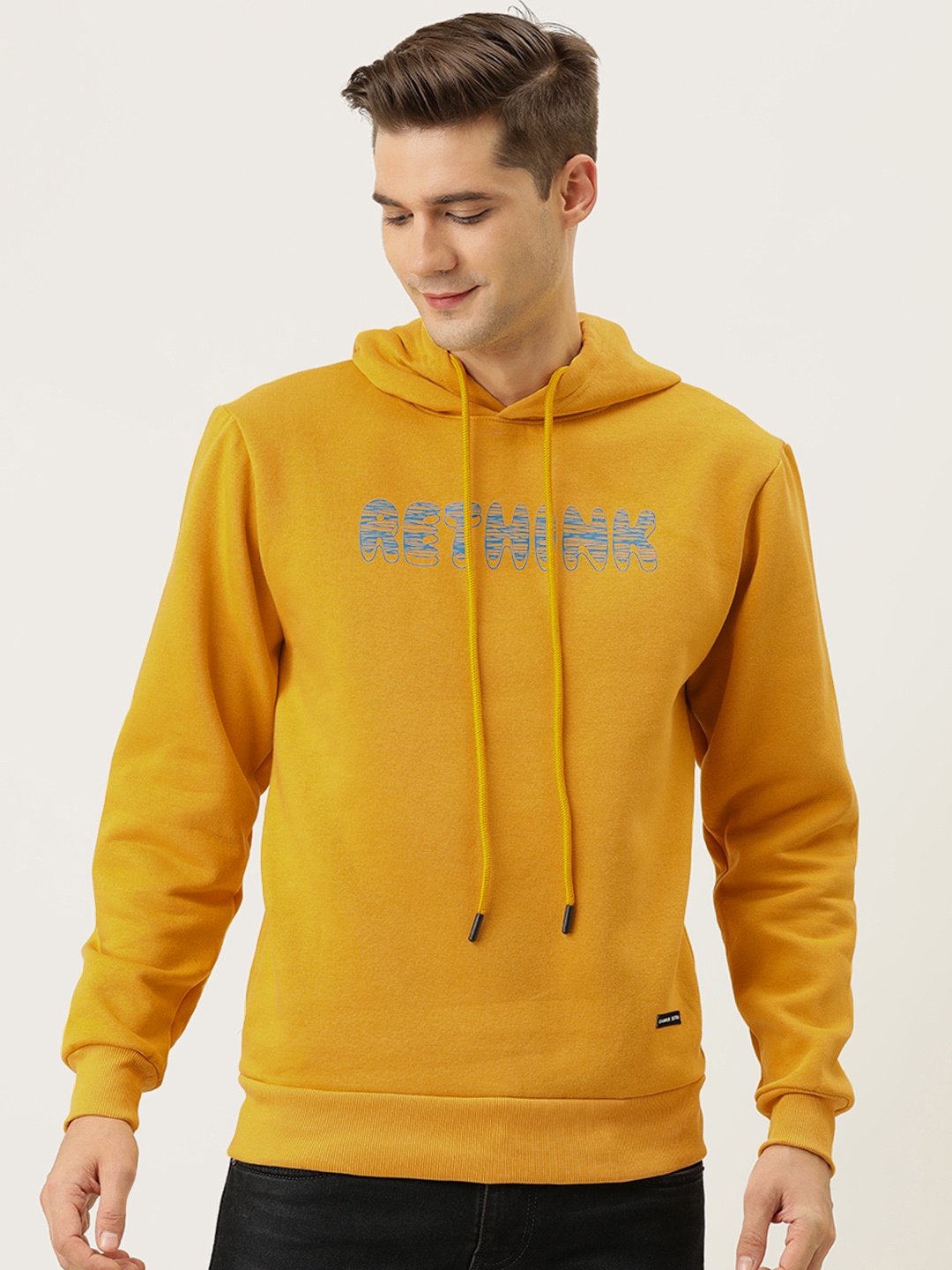 

Campus Sutra Men Mustard Yellow Printed Hooded Pullover Sweatshirt