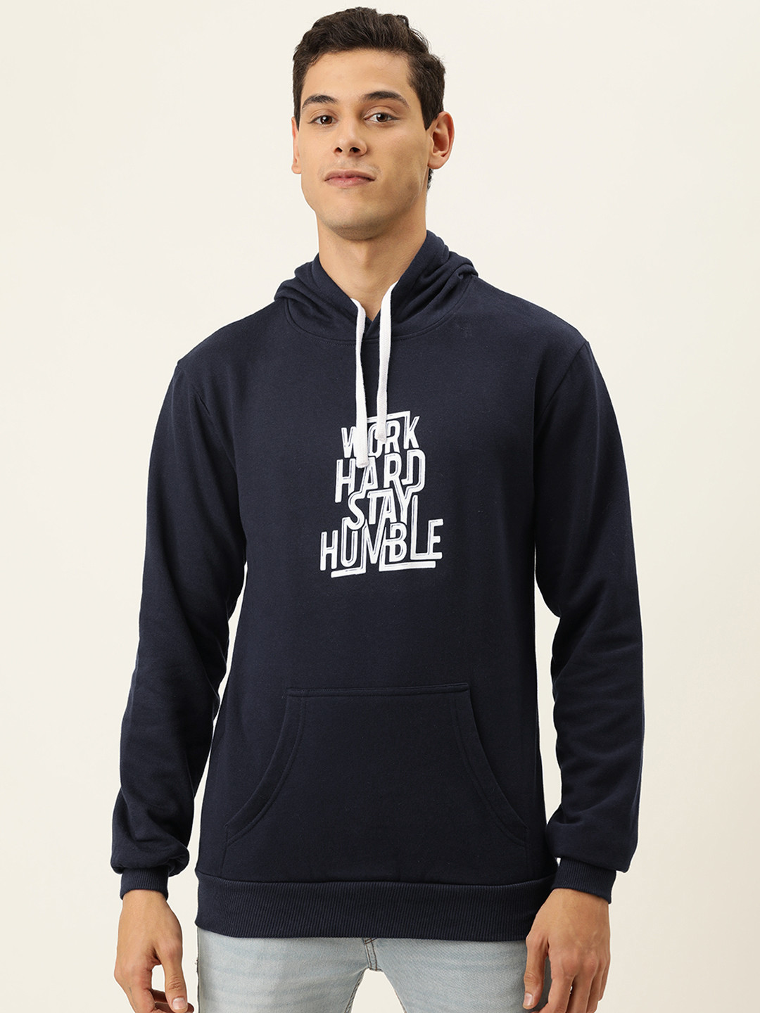 

Campus Sutra Men Navy Blue Printed Hooded Sweatshirt