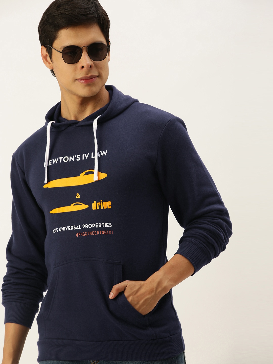 

Campus Sutra Men Navy Blue Printed Hooded Sweatshirt