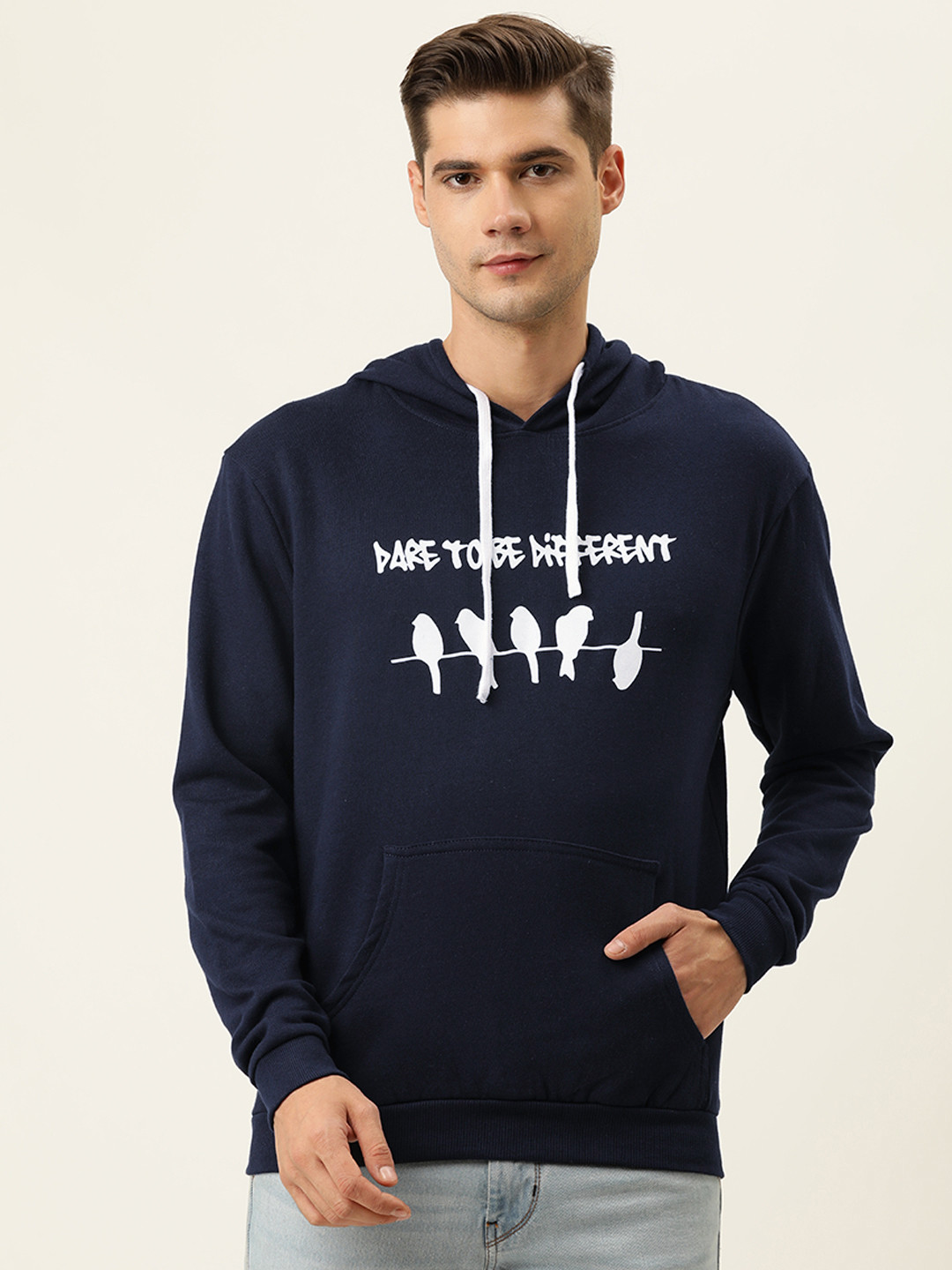 

Campus Sutra Men Navy Blue Printed Hooded Sweatshirt