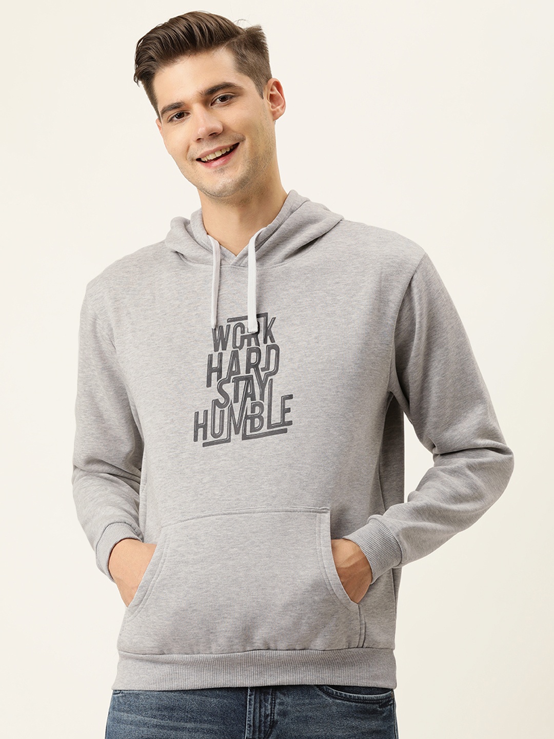 

Campus Sutra Men Grey Melange Printed Hooded Sweatshirt