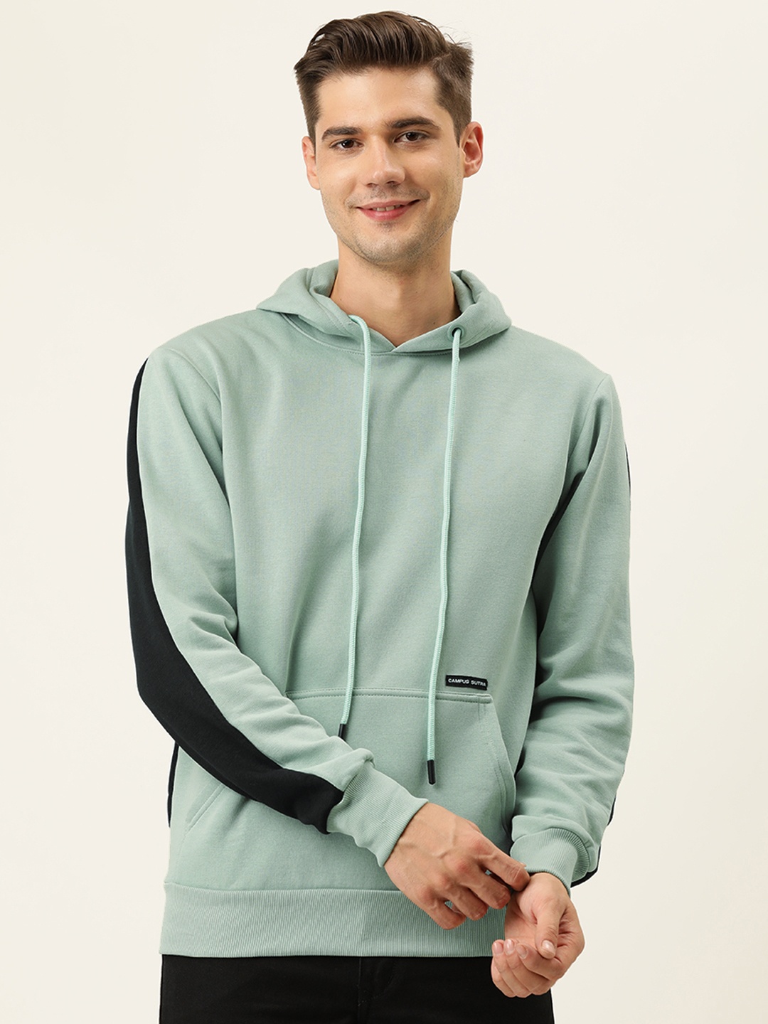 

Campus Sutra Men Sea Green & Black Colourblocked Hooded Sweatshirt