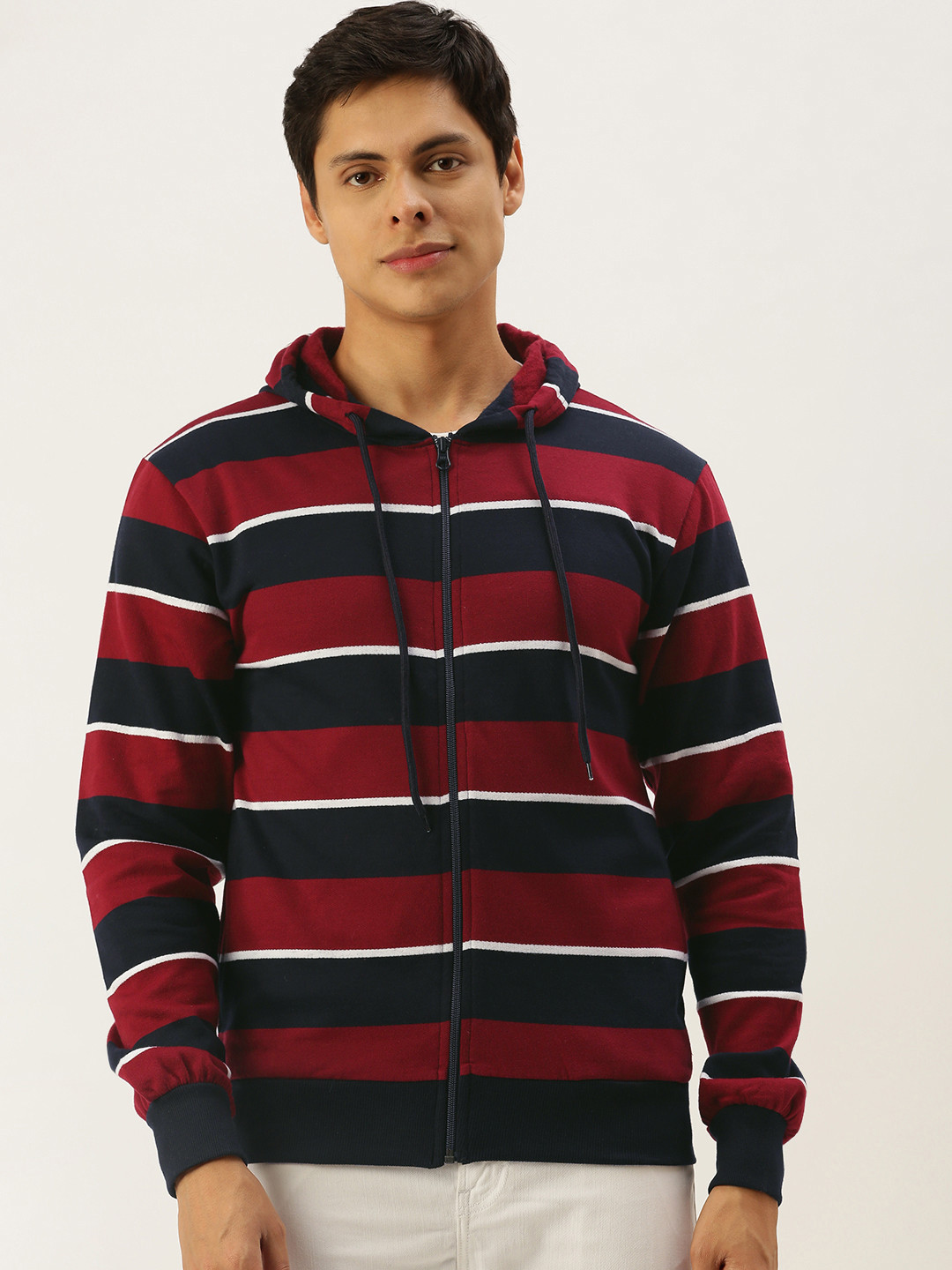 

Campus Sutra Men Navy Blue & Maroon Striped Hooded Sweatshirt